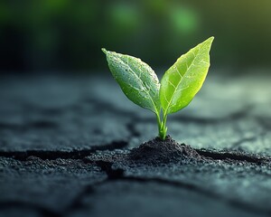 Emerging vibrant green shoots glowing with life, rising from a broken, crumbling world, embodying hope, renewal, and natures resilience