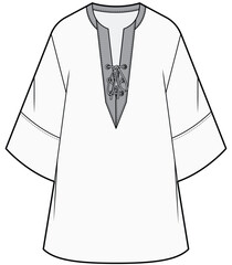 womens drop shoulder kimono sleeve plunge neck tunic caftan dress flat sketch vector illustration technical cad drawing template