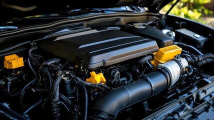 Fototapeta premium A Close-Up View of a Powerful SUV Engine Highlighting Safety and Reliability Features Ideal for Family Adventures and Outdoor Escapes in a Bay Setting