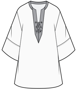 womens drop shoulder kimono sleeve plunge neck tunic caftan dress flat sketch vector illustration technical cad drawing template