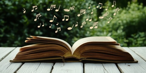 Music seems to pour from an open book.  Notes float above the book, which rests on a white wooden table outdoors.