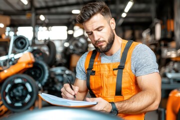 Skilled Technician Taking Detailed Notes on Vehicle Repairs While Surrounded by Various Car Parts in a Workshop Environment