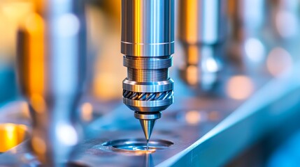 Close-up of a Precision Industrial Machine Tool Drilling a Hole in Metal