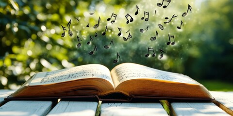 Music seems to pour from an open book.  Notes float above the book, which rests on a white wooden table outdoors.