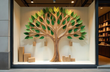 Large cardboard tree in retail window showcases sustainability initiatives creatively