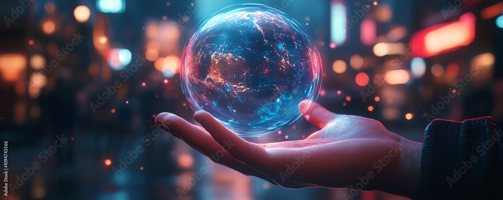 Aufkleber glowing earth hologram floating above a hand, captured in hyperrealistic 3d with neon colors and a b