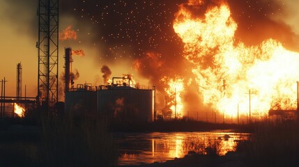 A dramatic visual showing the aftermath of a missile attack on an industrial oil tank, causing a hazardous chemical spill with fire and explosions