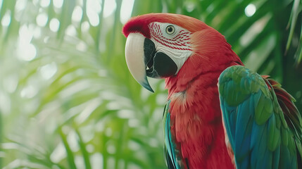 Obraz premium Vibrant macaw perched amidst lush green foliage, showcasing its colorful feathers