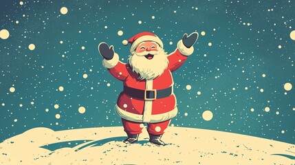 Jolly santa in a snowy landscape, capturing vintage pop art charm.