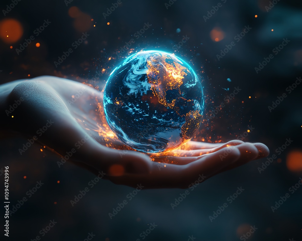 Leinwandbilder hyperrealistic 3d rendering of a glowing earth hologram floating above a hand, enhanced with neon co