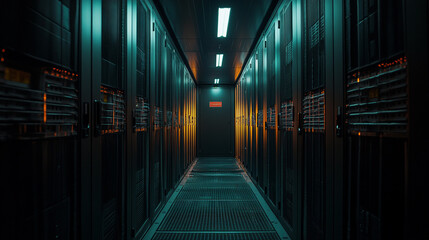 Storage corridor illuminated with soft light in a modern data center during evening hours