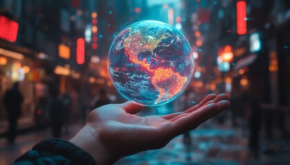 Fototapeta premium Hyperrealistic holographic Earth glowing in neon colors, floating above a hand, surrounded by a cyberpunkinspired futuristic atmosphere