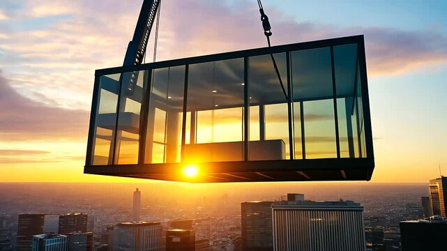 Modular container unit with glass walls and sleek design, carefully lifted by a crane into an urban apartment building, set against a sunset sky.