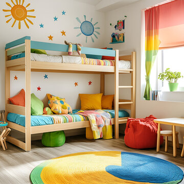 Creative bunk bed design for kids playful bedroom interior decor bright environment cozy viewpoint child-friendly space