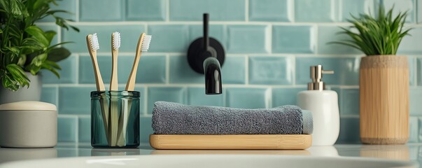 Modern ecofriendly bathroom accessories green glass toothbrush holder, bamboo toothbrushes, and gray jar on a blue and white tile backdrop