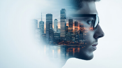 Double exposure of man face with vibrant cityscape, showcasing urban life and reflection. image captures blend of human emotion and city energy