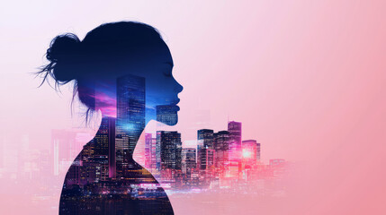 Female silhouette with vibrant city skyline, futuristic atmosphere, and colorful lights create striking visual. blend of urban life and personal reflection evokes sense of wonder and inspiration