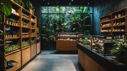 A serene plant-filled store showcasing natural products in a lush urban setting