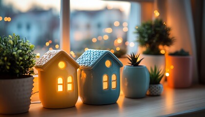 Real estate essentials flat lay with colorful miniature houses, a cozy desk setup, and warm lighting highlighting detailed textures for a homey feel