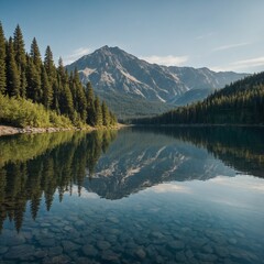 A tranquil mountain lake, with trees lining the shore and the reflection of distant peaks in the water.