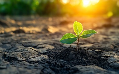 Resilient green plants glowing in a deteriorating environment, symbolizing the strength of nature and the cycle of renewal and hope