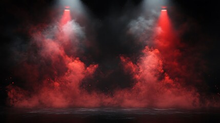  Free stage with lights and smoke, Empty stage with red spotlights, conser, show, party, Presentation concept. Red spotlight strike on black background 