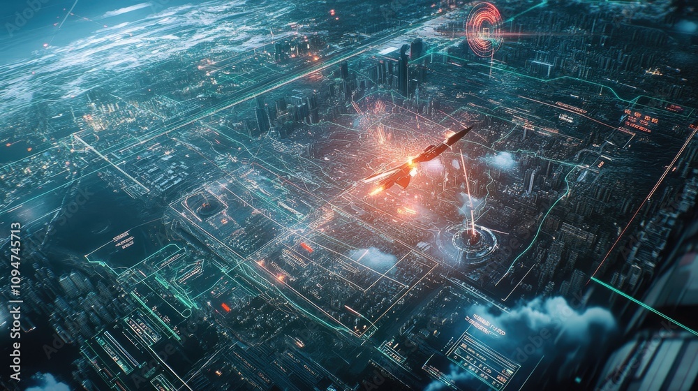 Poster holographic missile system interface displayed over a detailed digital city map, demonstrating advan