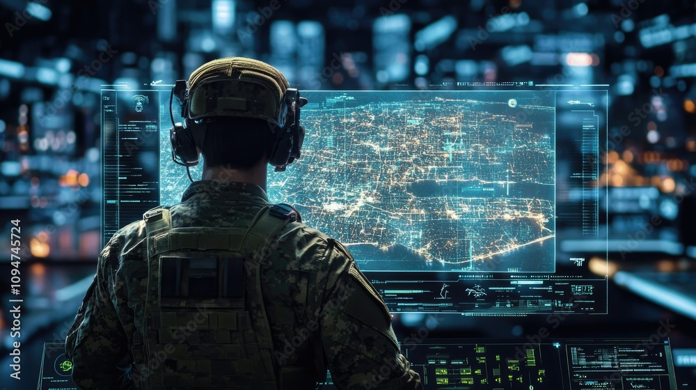 Poster holographic missile system interface displayed over a detailed digital city map, demonstrating advan
