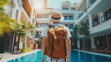Obraz premium A traveler with a backpack stands by a pool in a sunny setting.