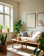 A cozy and bright living room with a large window, a wooden table, and a framed wall decor. The room has a warm and inviting atmosphere with natural light and potted plants