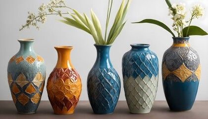Modern ceramic vases with unique diamond patterns and vibrant glazes, suitable for fresh flower arrangements and contemporary decor
