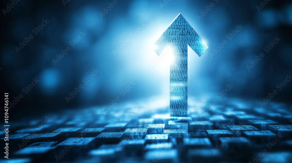 Poster digital arrow pointing upwards illuminated by blue light on a grid of binary numbers