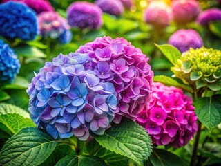 Vibrant Watercolor Hydrangeas in Serene Garden Setting - Lush Foliage and Full Bloom Flowers
