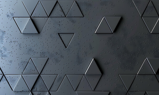 A sleek and modern background featuring tiny black triangles arranged in a precise hexagonal pattern on a gray surface, creating a minimalist geometric look