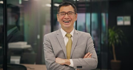 Japanese, businessman and face with confidence in office, professional career and pride with smile. Portrait, male person and mature financial advisor with arms crossed, happy and about us in company