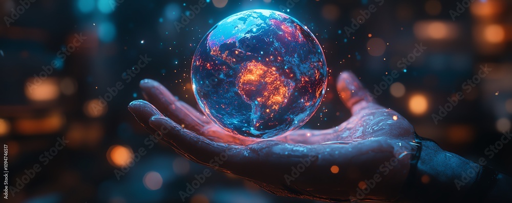 Aufkleber 3D rendering of a glowing Earth hologram above a hand, illuminated by neon colors and enhanced with a cyberpunk style for a futuristic look