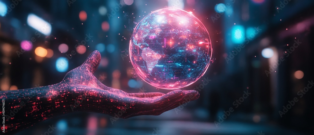 Leinwandbilder 3D rendering of a glowing Earth hologram floating above a hand, with neon lights and cyberpunk aesthetics, creating a striking visual in vibrant detail