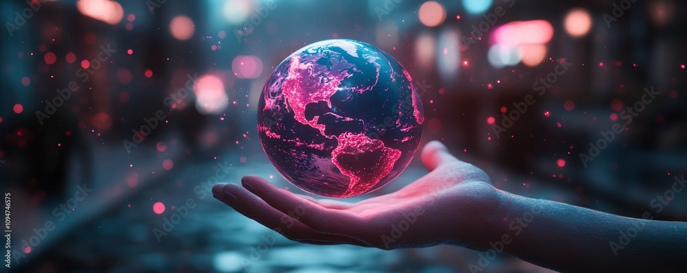 Leinwandbilder 3d rendering of a glowing earth hologram above a hand, illuminated by neon colors and enhanced with 