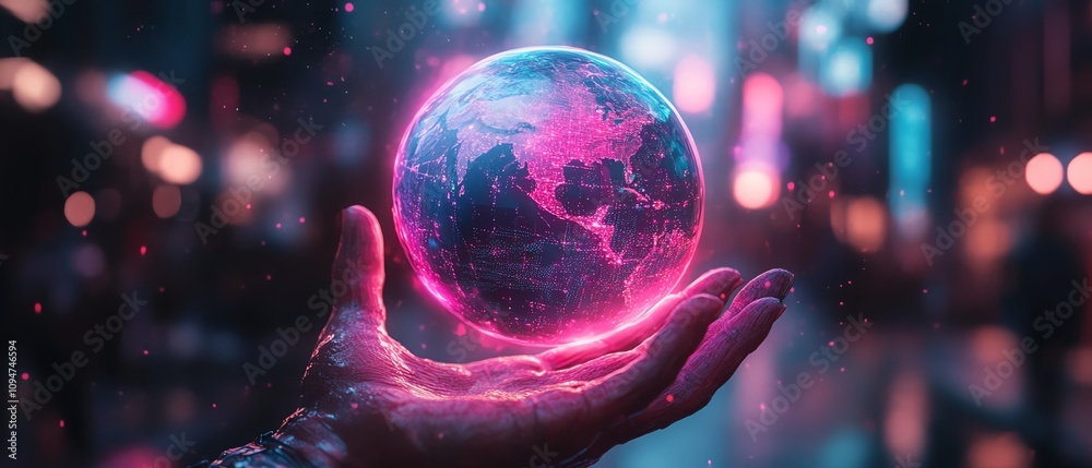 Leinwandbilder 3d rendering of a glowing earth hologram floating above a hand, with neon lights and cyberpunk aesth