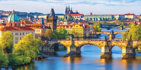Prague's Old Town, seen from above in spring, shows the Charles Bridge arching over the Vltava River.  The castle is visible in the distance.