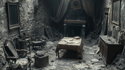 A Burned-Out Room with Soot and Ashes Remaining