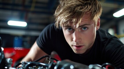 Automotive Technician Focusing on Engine Part Replacement in a Workshop Environment, Emphasizing Detail and Precision in Mechanical Work