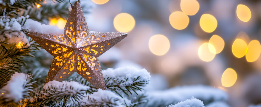 Glittering silver star ornament on snowy pine branch with lights