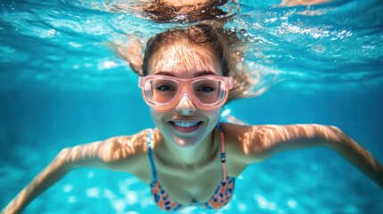 A joyful girl swimming underwater in a bright blue pool.
