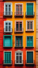 Fototapeta premium A vivid facade with brightly colored windows and balconies, showcasing vibrant architecture and design in an urban setting.