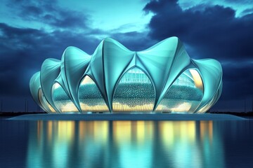 A futuristic building resembling a lotus flower, illuminated and reflecting in water.