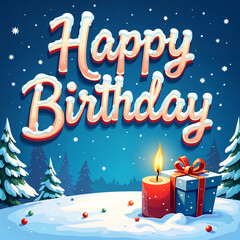 Fototapeta premium Greeting card. Festive greeting card with the phrase Happy Birthday written on it, accompanied by a candlelit red gift box and snowy pine trees in the background.