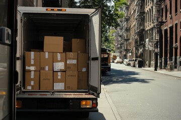 An open delivery truck reveals stacks of cardboard boxes, symbolizing commerce and logistics in the midst of an urban city street.
