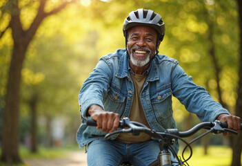 Happy mature senior black african american man riding his bicycle through a park on a sunny day