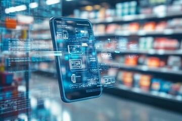 Futuristic Smartphone Displaying Digital Interface with Data Overlay in a Retail Environment, Showcasing Technological Advancements and Modern Shopping Experience